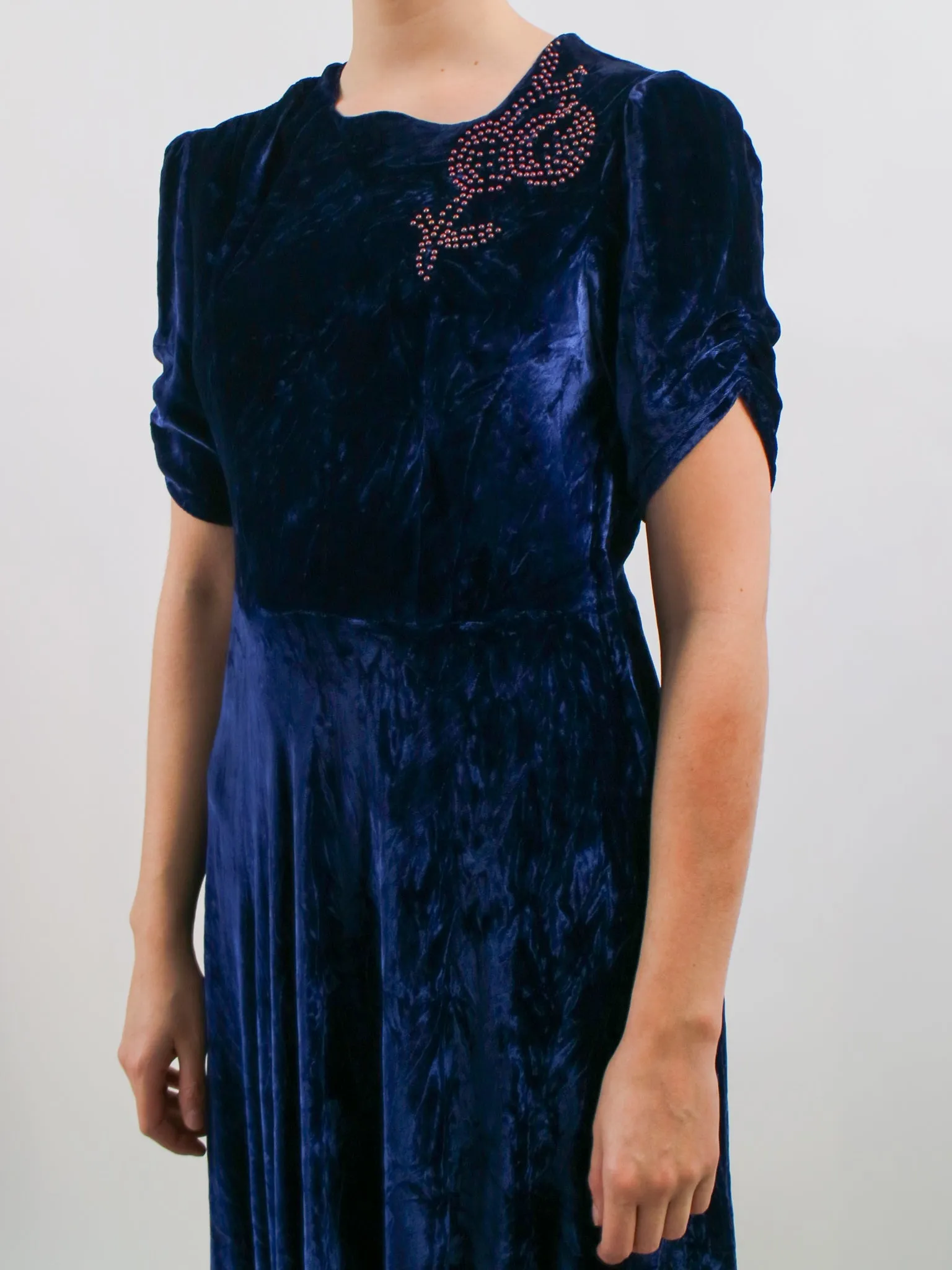 1930s Blue Velvet Cocktail Dress with Pink Studded Details