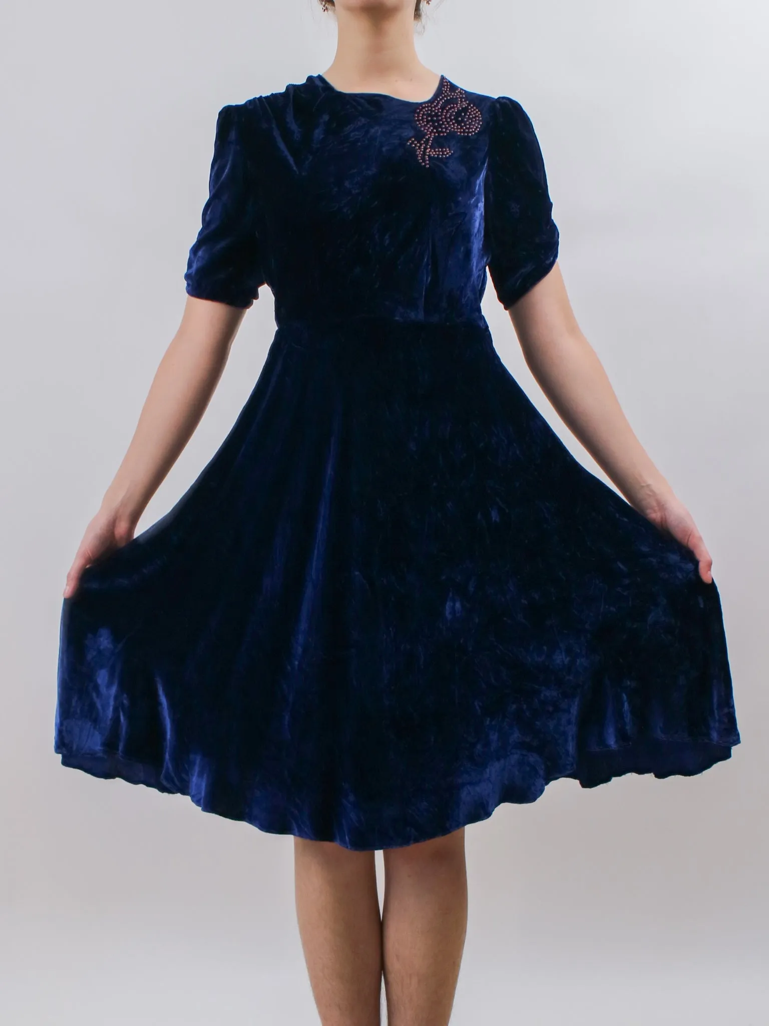 1930s Blue Velvet Cocktail Dress with Pink Studded Details