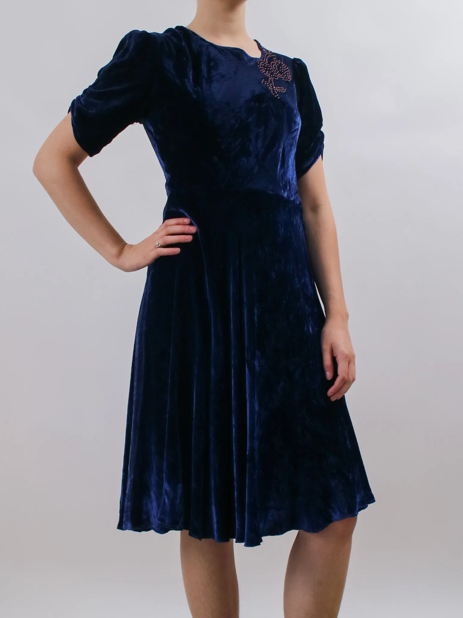 1930s Blue Velvet Cocktail Dress with Pink Studded Details