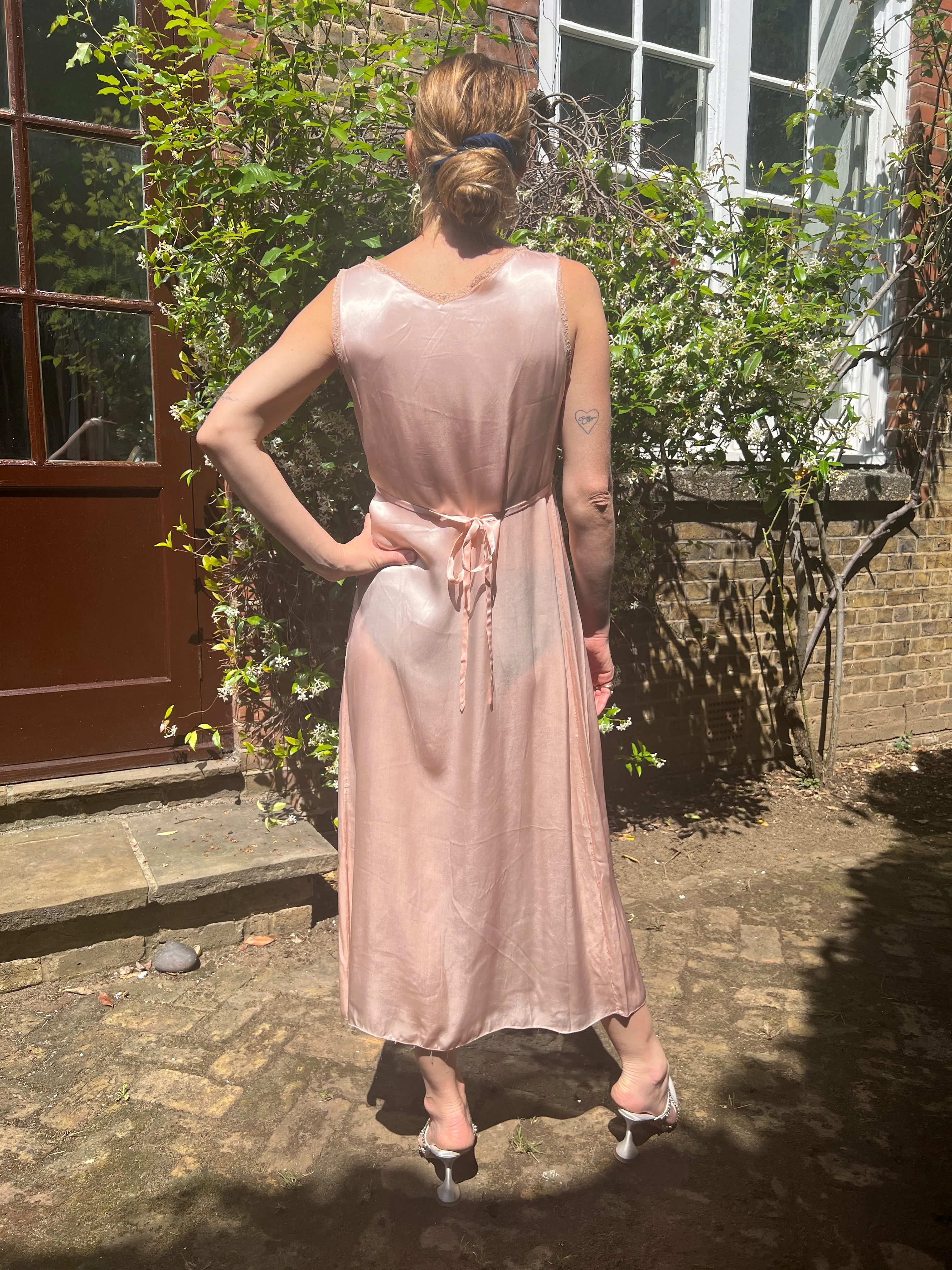 1930s Pink Satin Slip with Lace Cut-Out