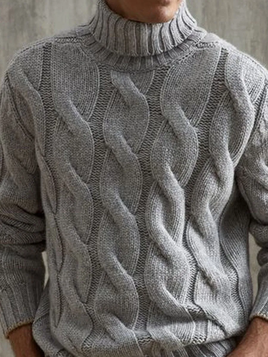 【24-hour shipping】Gray Versatile Turtleneck Cable Knitted Pullover Sweater