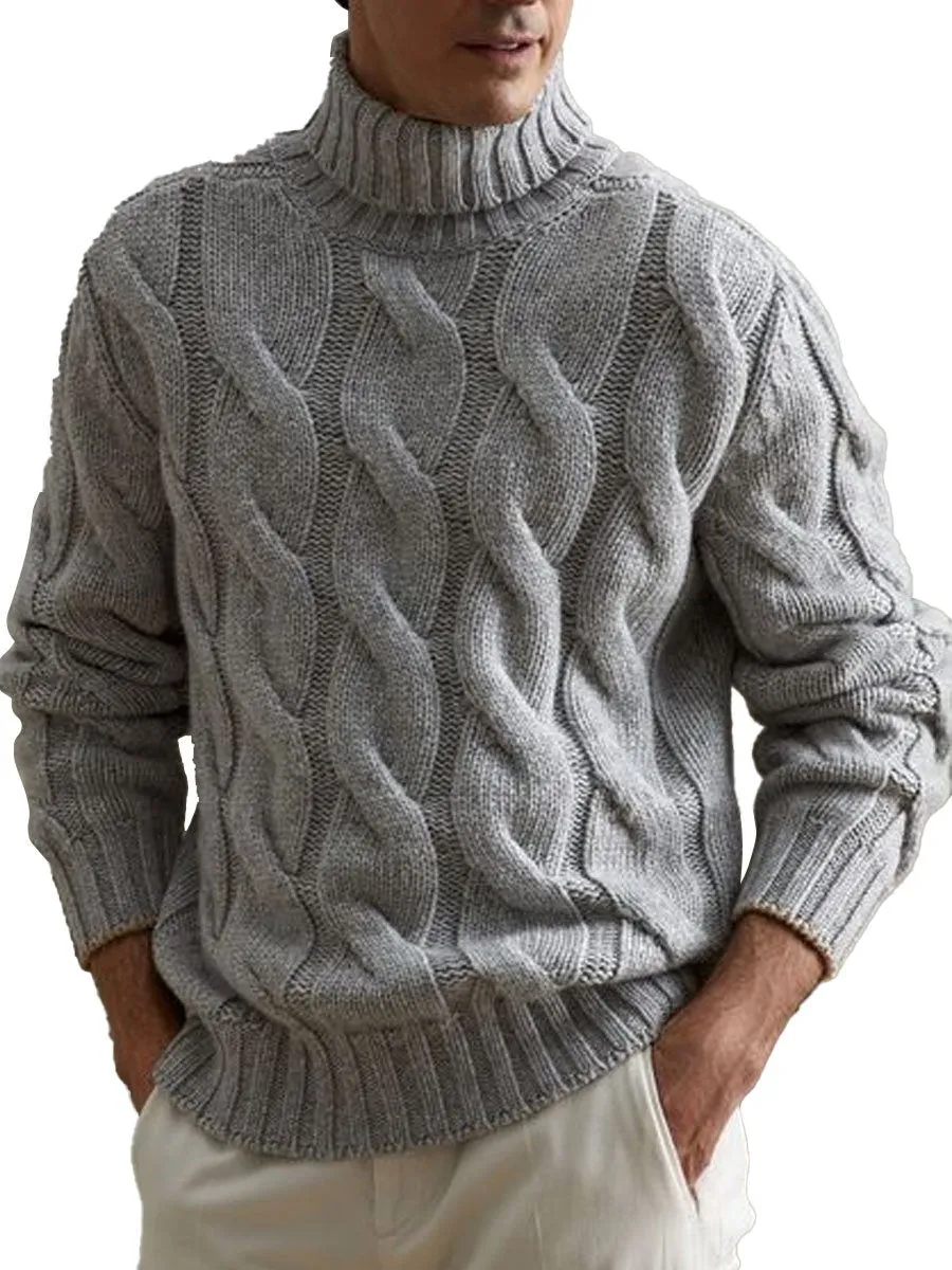 【24-hour shipping】Gray Versatile Turtleneck Cable Knitted Pullover Sweater