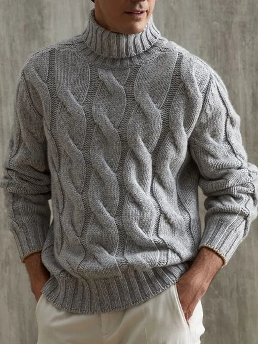 【24-hour shipping】Gray Versatile Turtleneck Cable Knitted Pullover Sweater