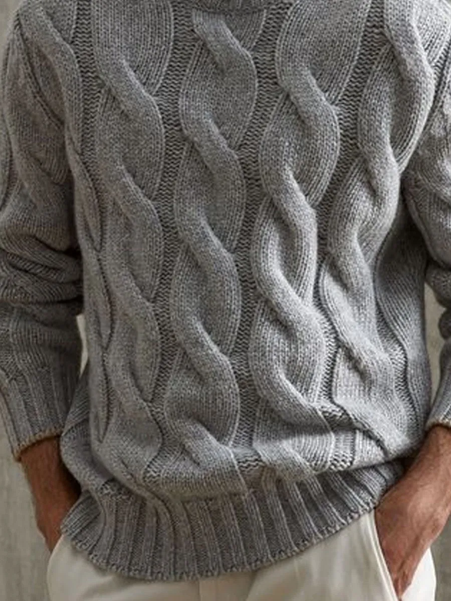 【24-hour shipping】Gray Versatile Turtleneck Cable Knitted Pullover Sweater