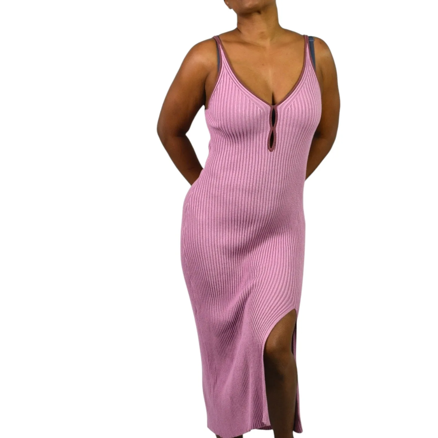 Abercrombie Fitch Elevated Knit Keyhole Midi Dress Pink Ribbed Thigh Slit Midi Slip XL