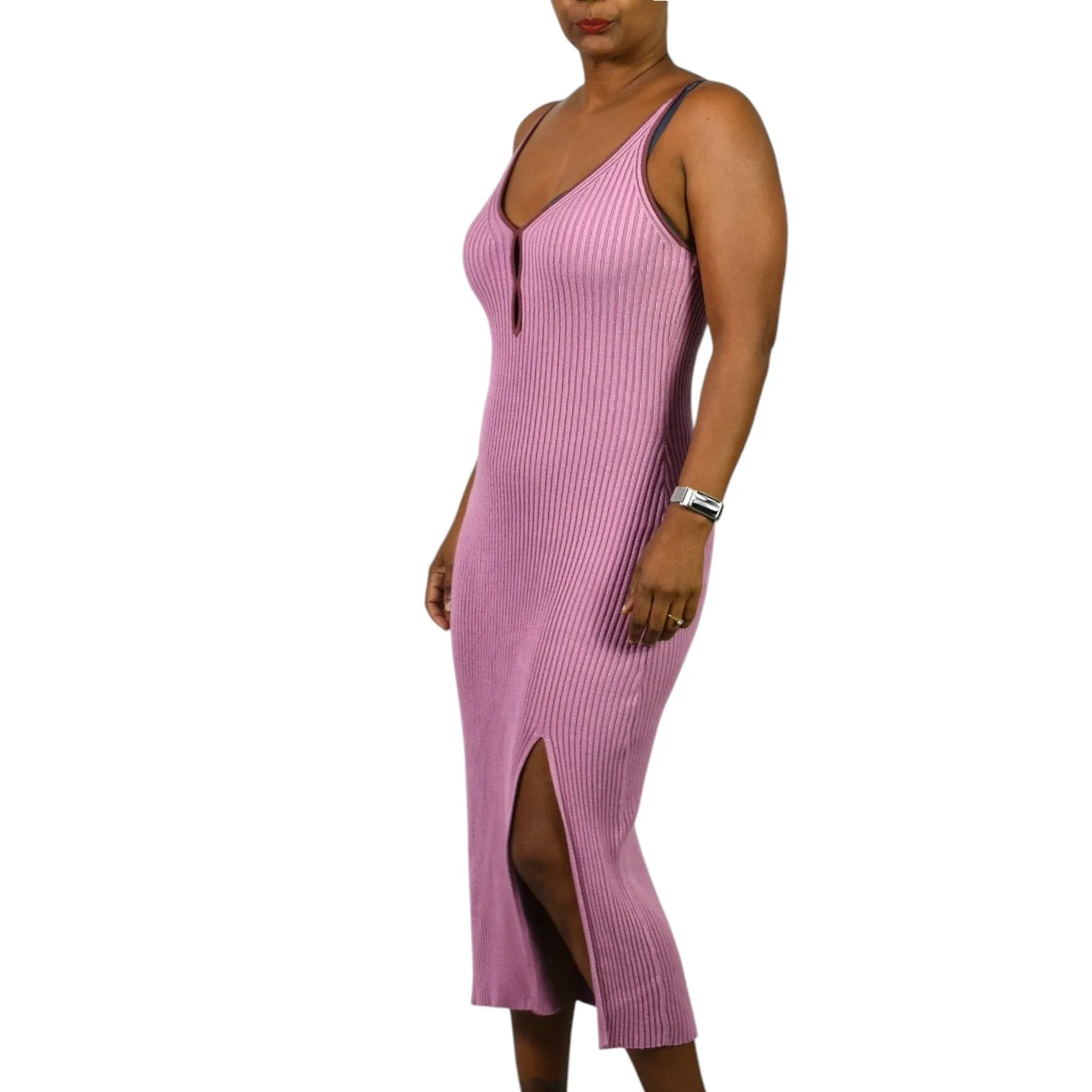 Abercrombie Fitch Elevated Knit Keyhole Midi Dress Pink Ribbed Thigh Slit Midi Slip XL