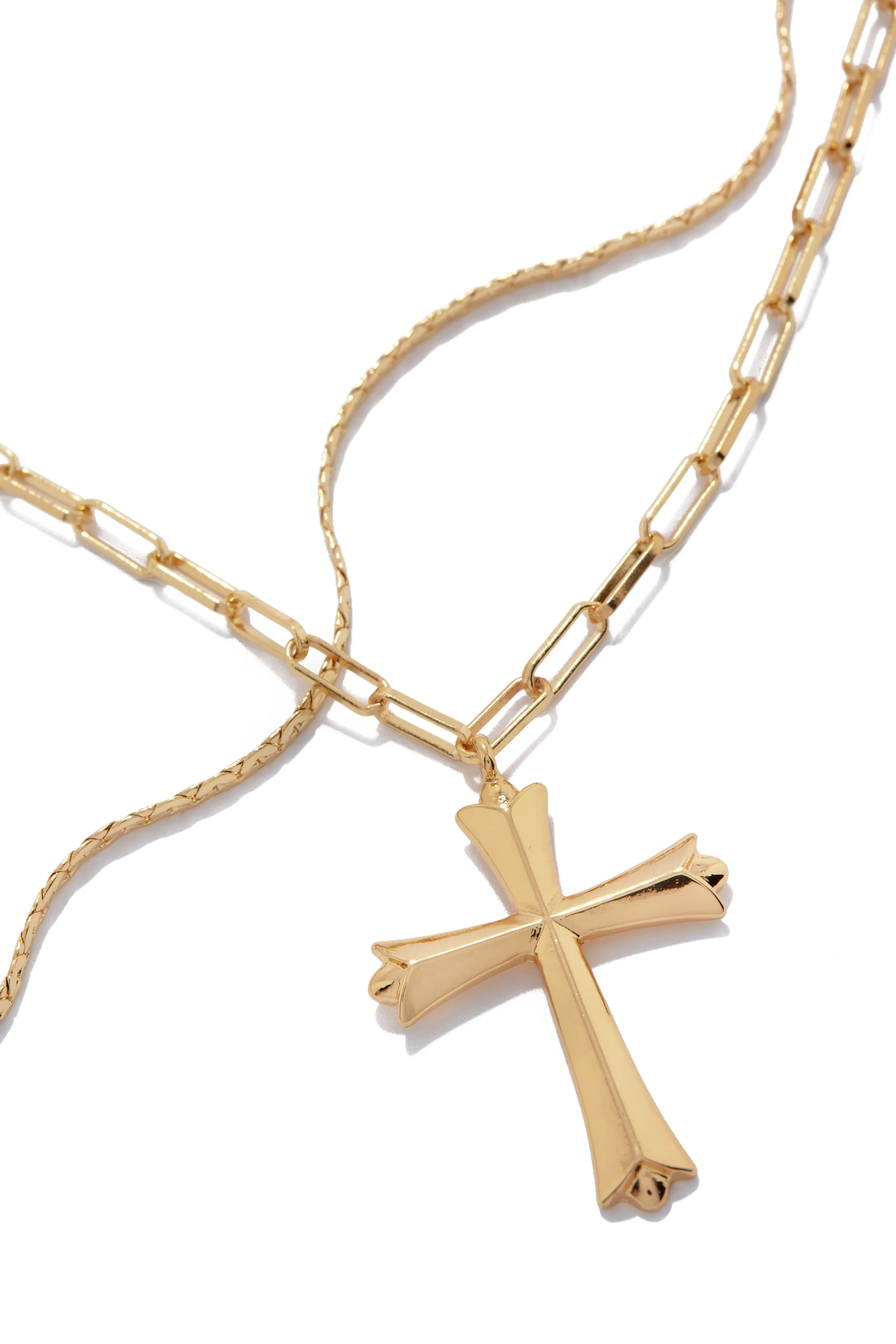 All My Faith Two Piece Layered Cross Pendant Necklace Set - Gold