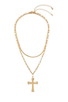 All My Faith Two Piece Layered Cross Pendant Necklace Set - Gold