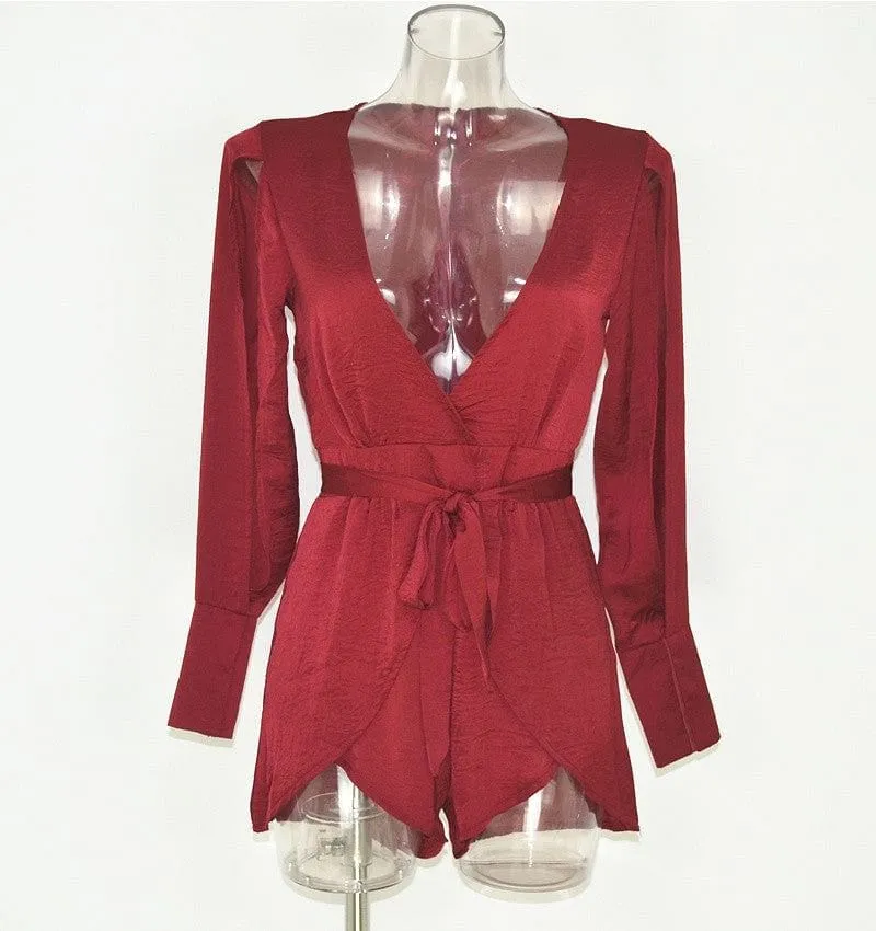 Ariel Red Plunged V-neck Spliced Layered Romper