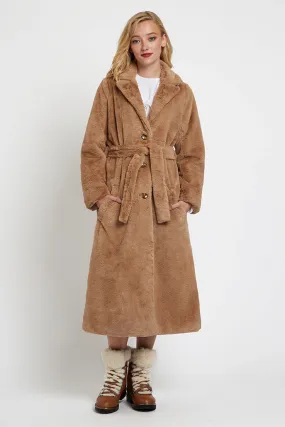 Arinette Faux Fur Tie Waist Midi Coat - Camel