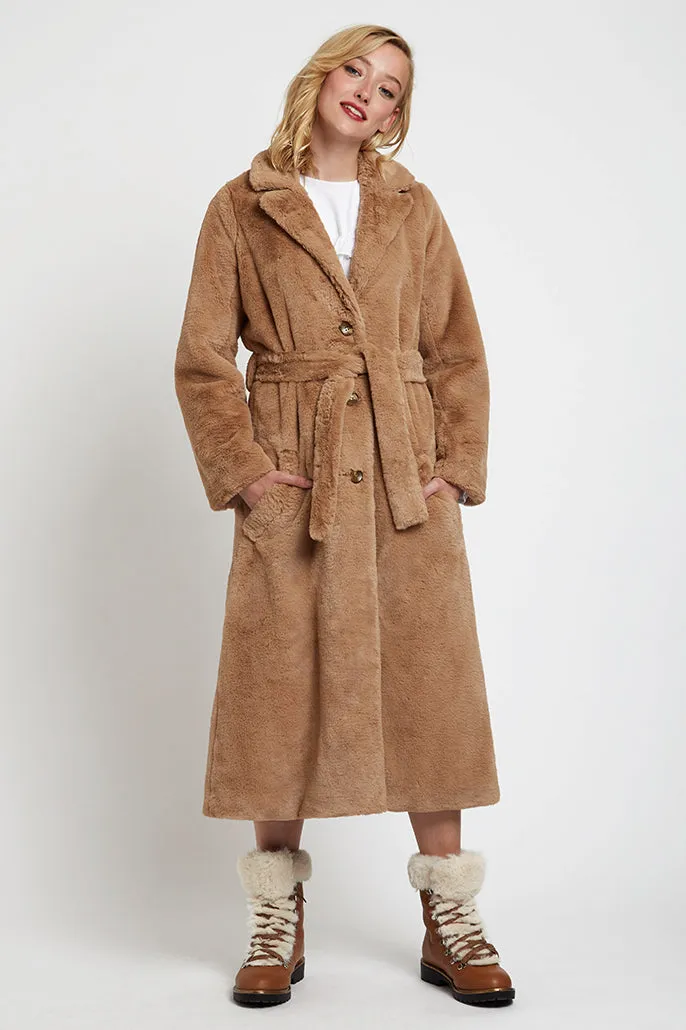 Arinette Faux Fur Tie Waist Midi Coat - Camel