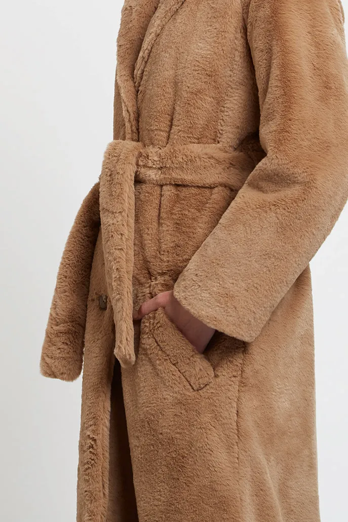 Arinette Faux Fur Tie Waist Midi Coat - Camel