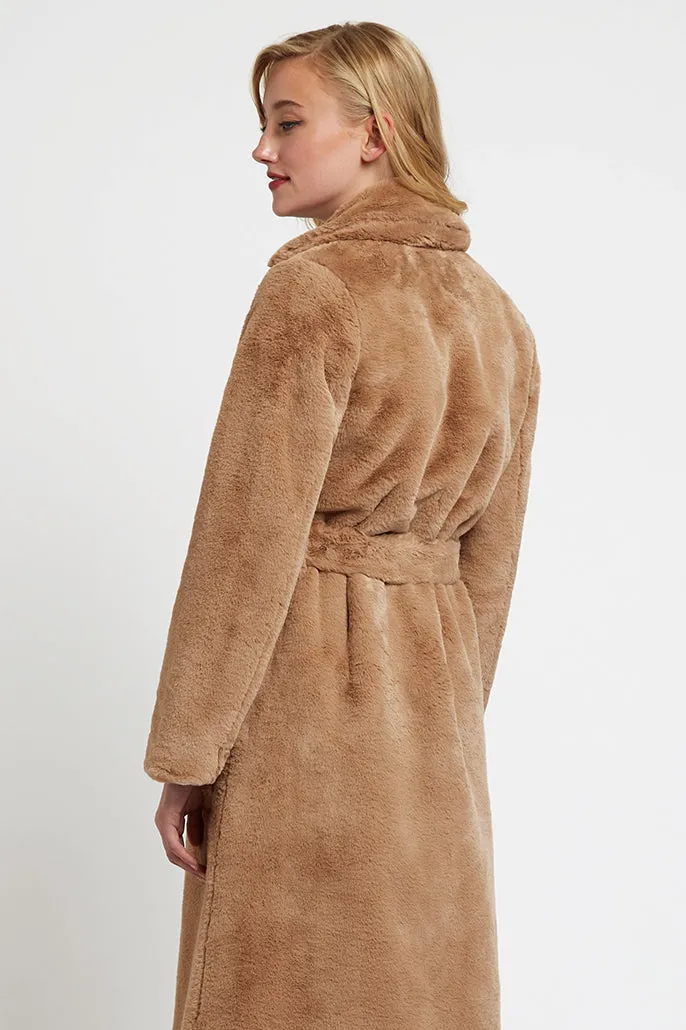 Arinette Faux Fur Tie Waist Midi Coat - Camel