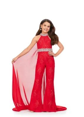 Ashley Lauren Kids 8225 Size 10 Red Girls Lace Crystal Jumpsuit Cape Bell Bottom Pageant Fun Fashion Wear