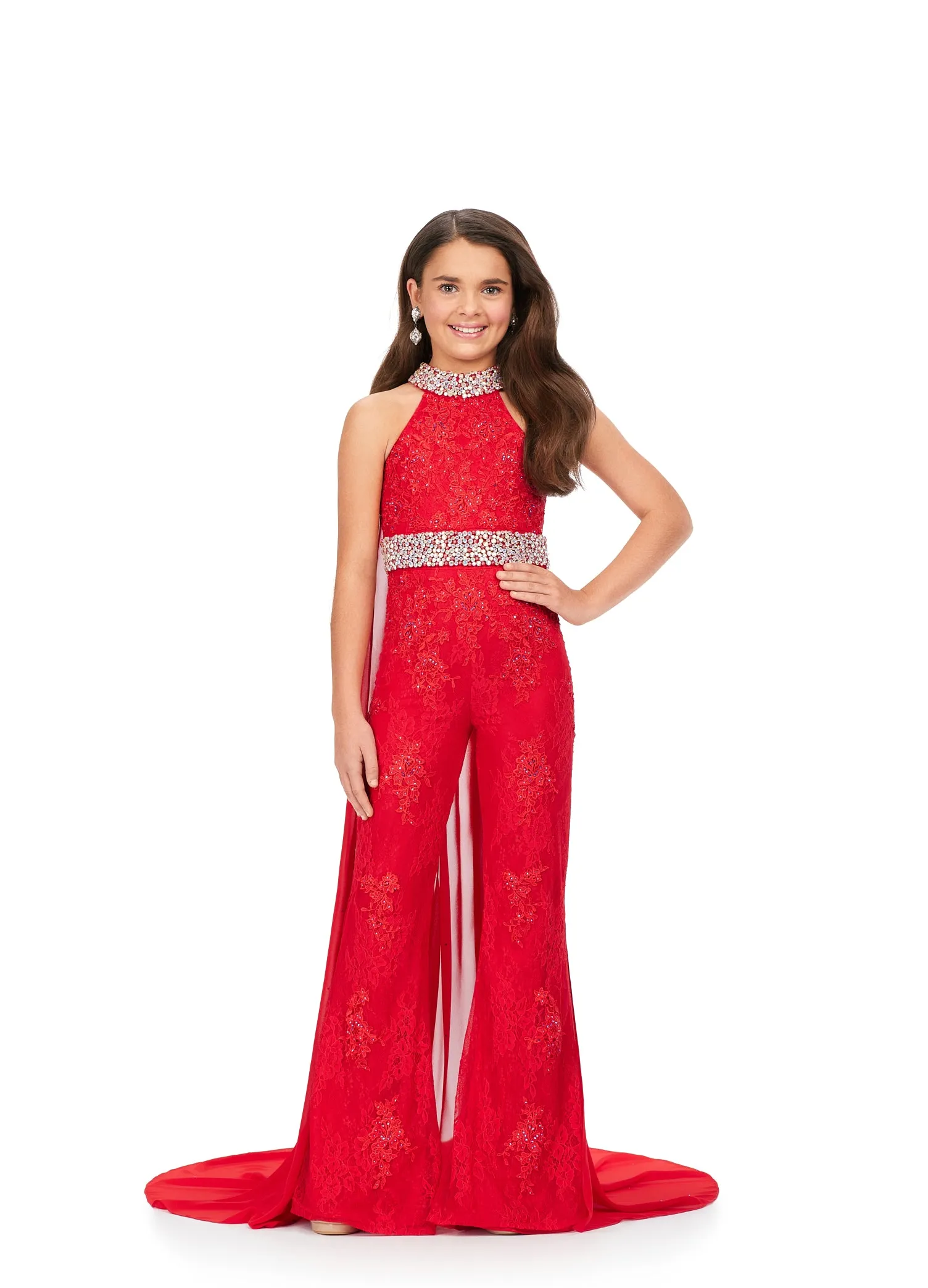 Ashley Lauren Kids 8225 Size 10 Red Girls Lace Crystal Jumpsuit Cape Bell Bottom Pageant Fun Fashion Wear