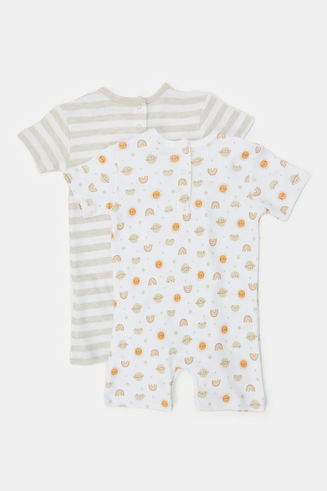 Baby Beige And White Printed Romper Set (Pack Of 2)