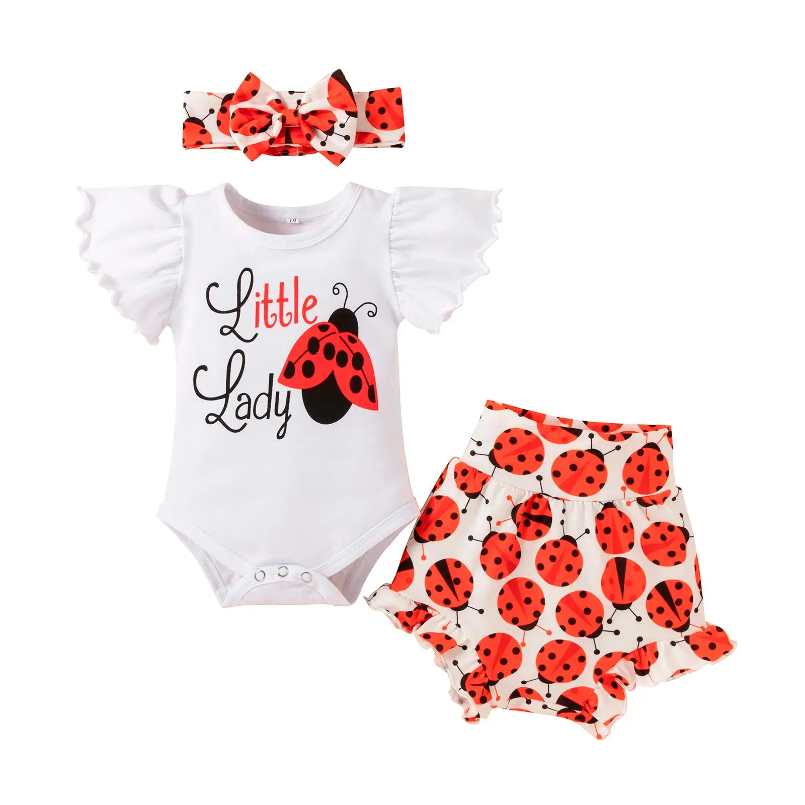 Baby Boys Girls Clothes Sets Fly Sleeve Bodysuit Tops Cartoon Shorts Pants Headband 3PCS Clothes Set Outfits 0-2 Years Infant