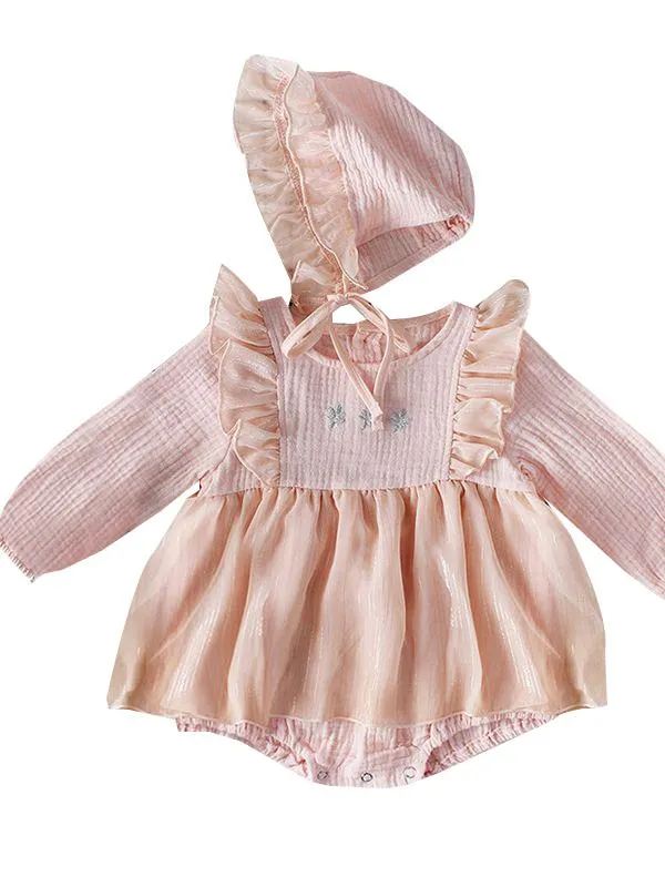 Baby Girl Romper Hat Set Flower Embroidery Party Skirt  Ruffled Detachable Hat   String Long Sleeve