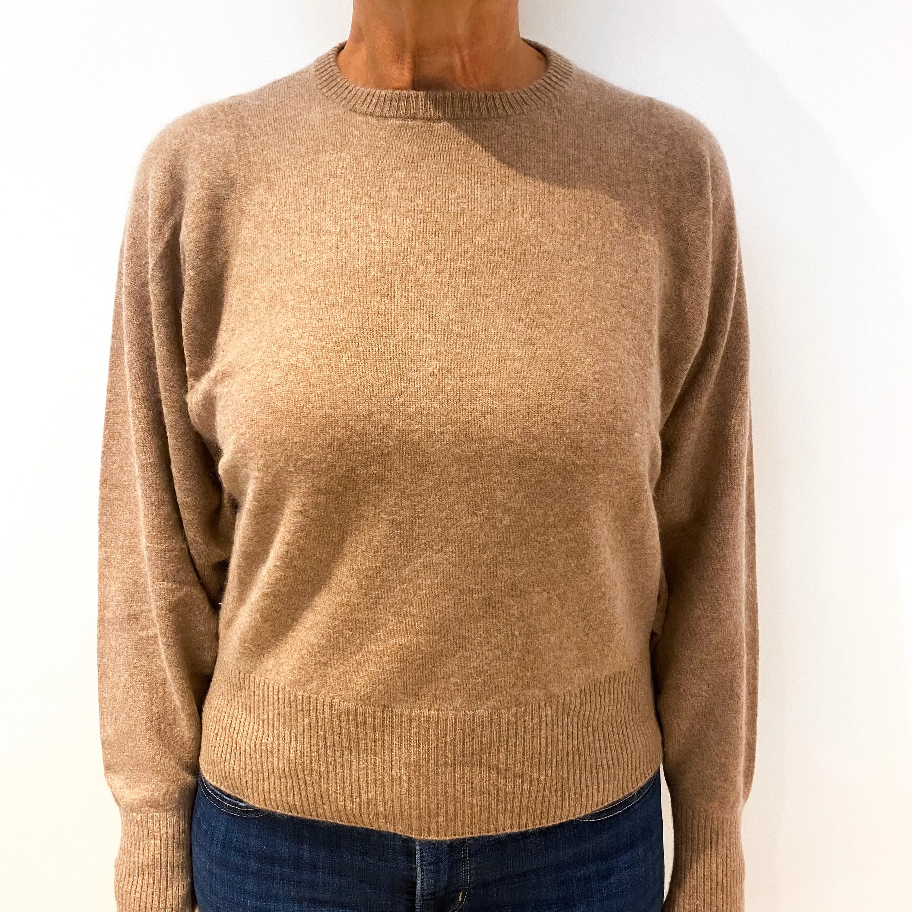 Beige Cashmere Crew Neck Jumper with Cutout Mink Fur Love Heart Medium