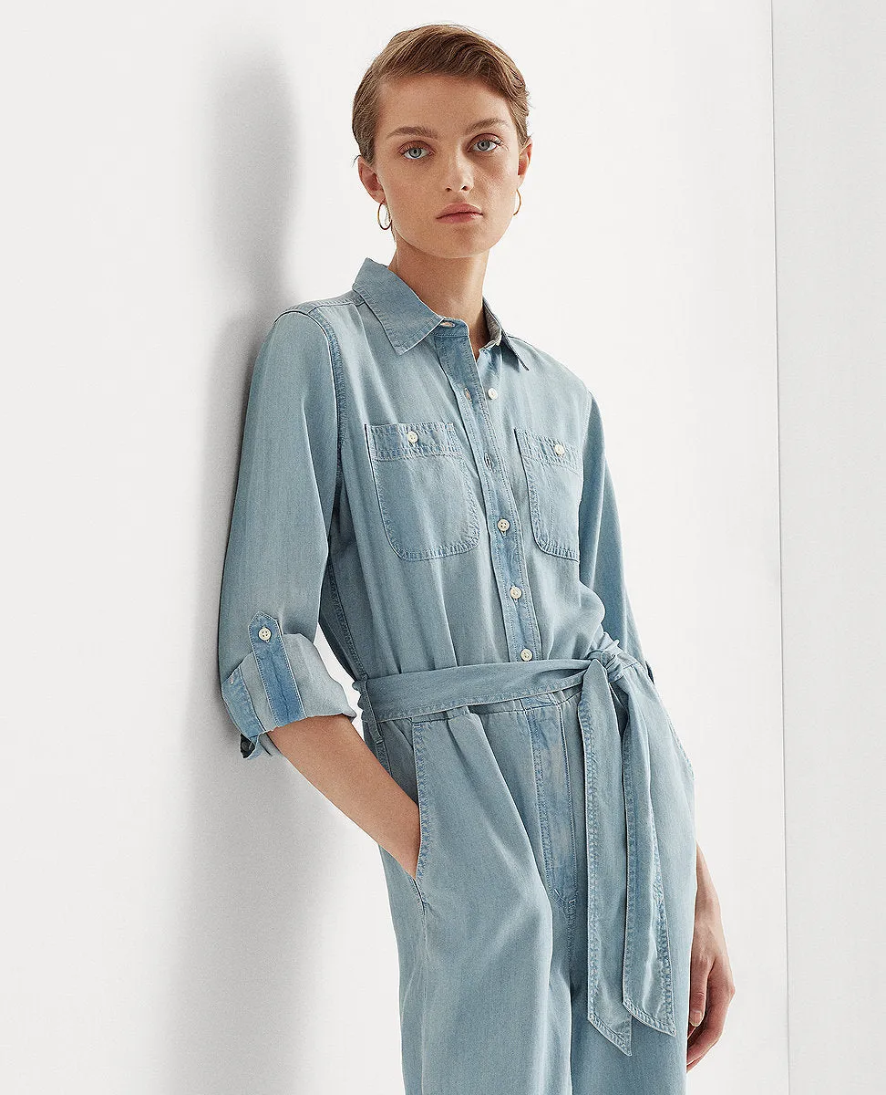 Belted Roll-Tab-Sleeve Jumpsuit In Blue Wash