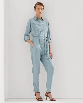 Belted Roll-Tab-Sleeve Jumpsuit In Blue Wash