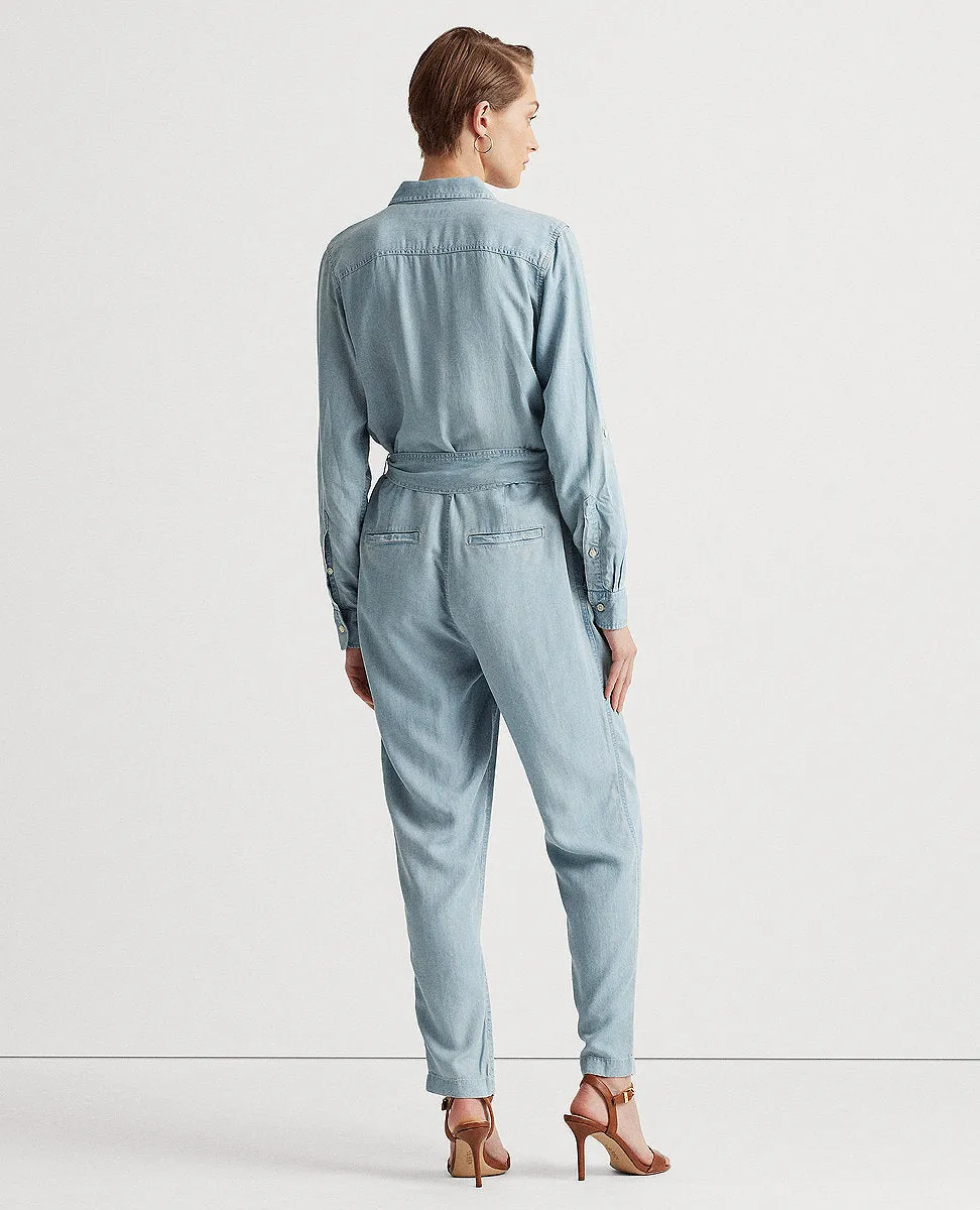 Belted Roll-Tab-Sleeve Jumpsuit In Blue Wash