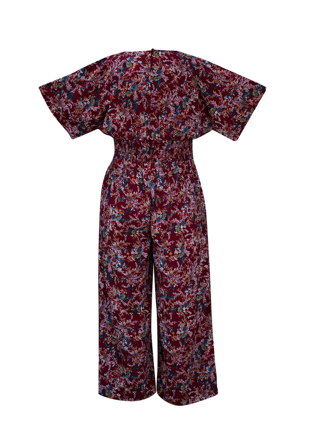 Berrylush Curve Women Maroon & Blue Floral Printed V-Neck Back Keyhole Smocked Maxi Jumpsuit