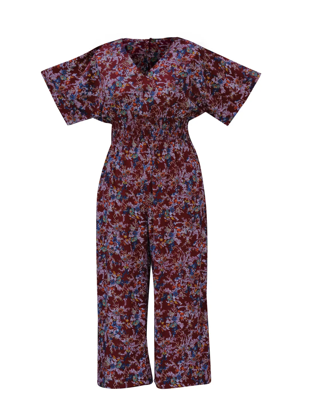 Berrylush Curve Women Maroon & Blue Floral Printed V-Neck Back Keyhole Smocked Maxi Jumpsuit