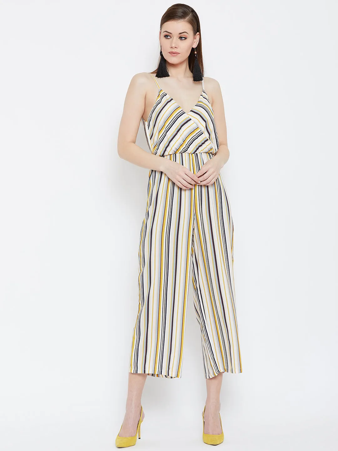 Berrylush Women Cream & Multicolour Striped Patterned V-Neck Layered Wrap Jumpsuit