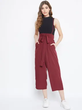 Berrylush Women Solid Maroon Smocked Back Tie-Up Capri Jumpsuit