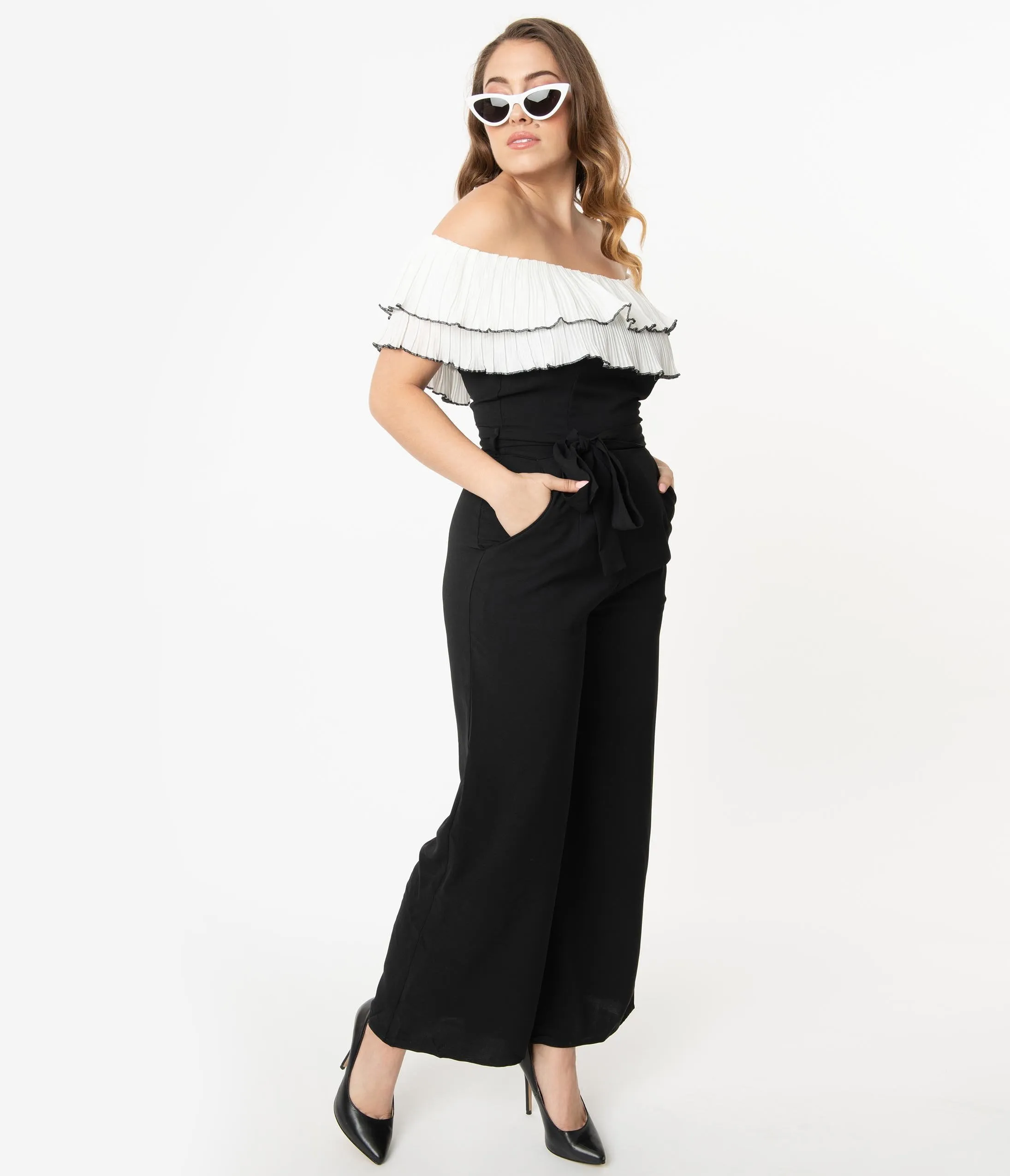 Black & White Off Shoulder Ruffle Jumpsuit