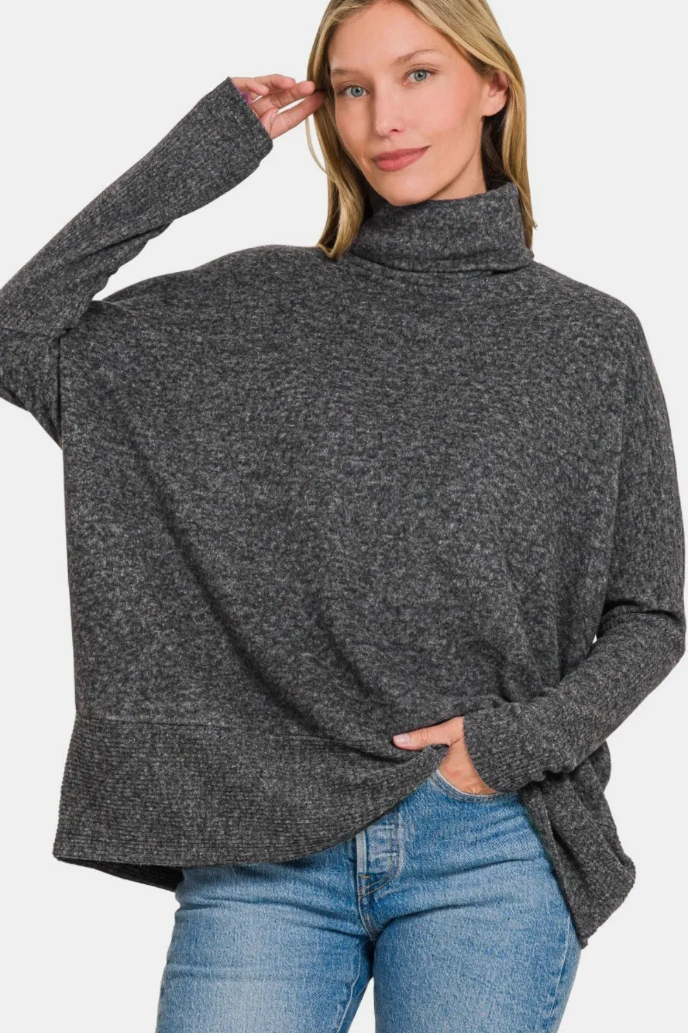 Black Brushed Melange Hacci Turtleneck Sweater