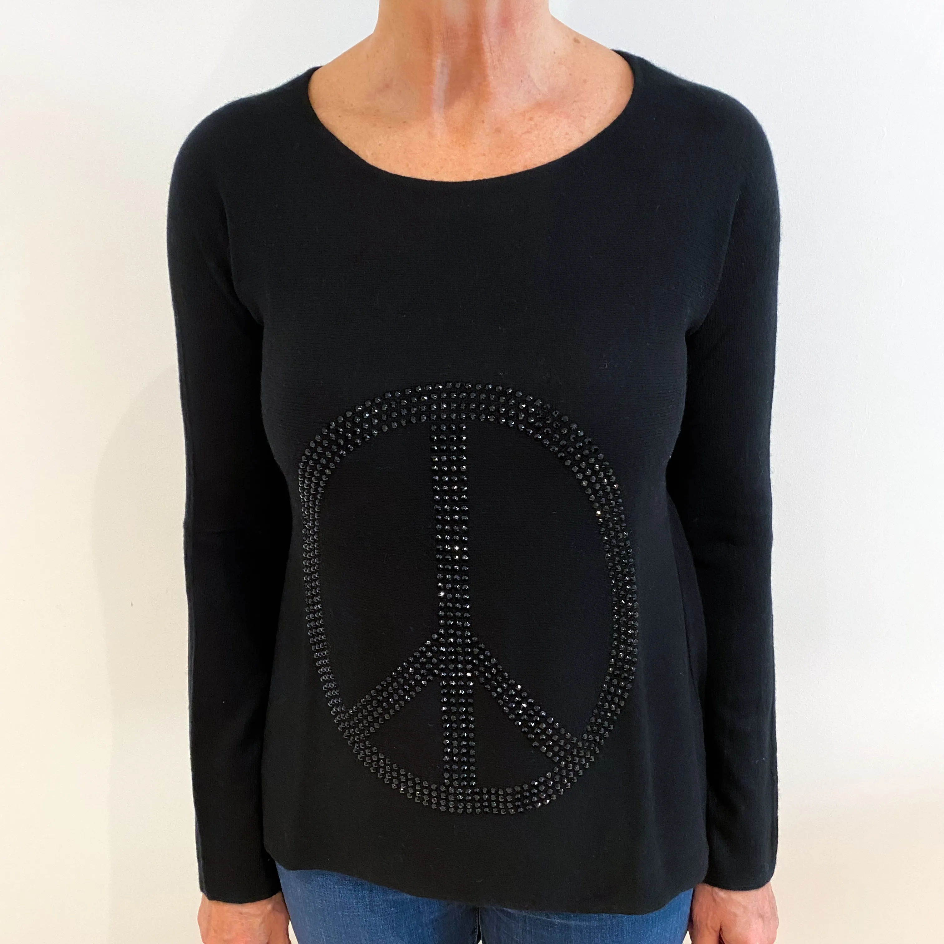 Black Cashmere Crew Neck Jumper with Beaded Peace Sign Medium