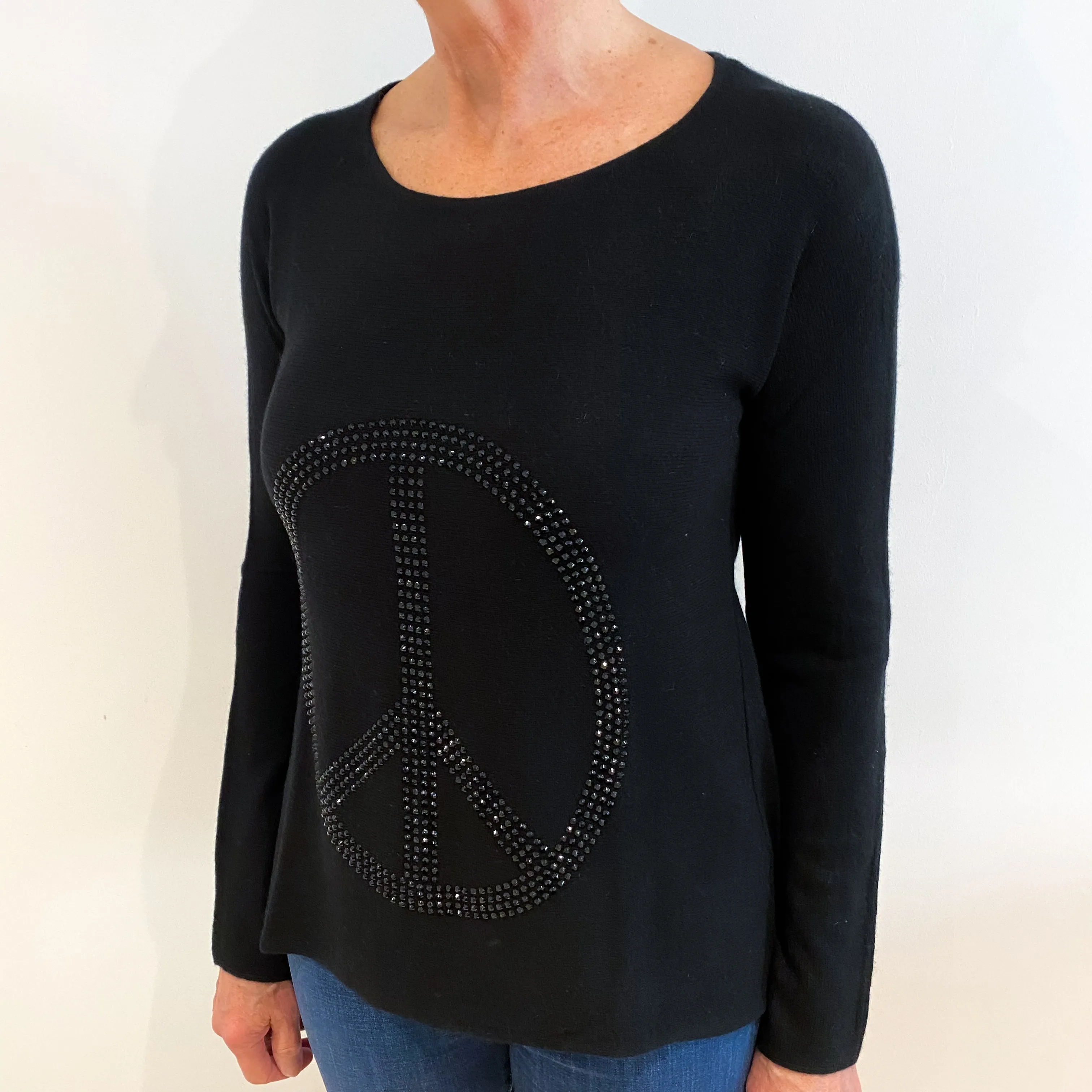 Black Cashmere Crew Neck Jumper with Beaded Peace Sign Medium