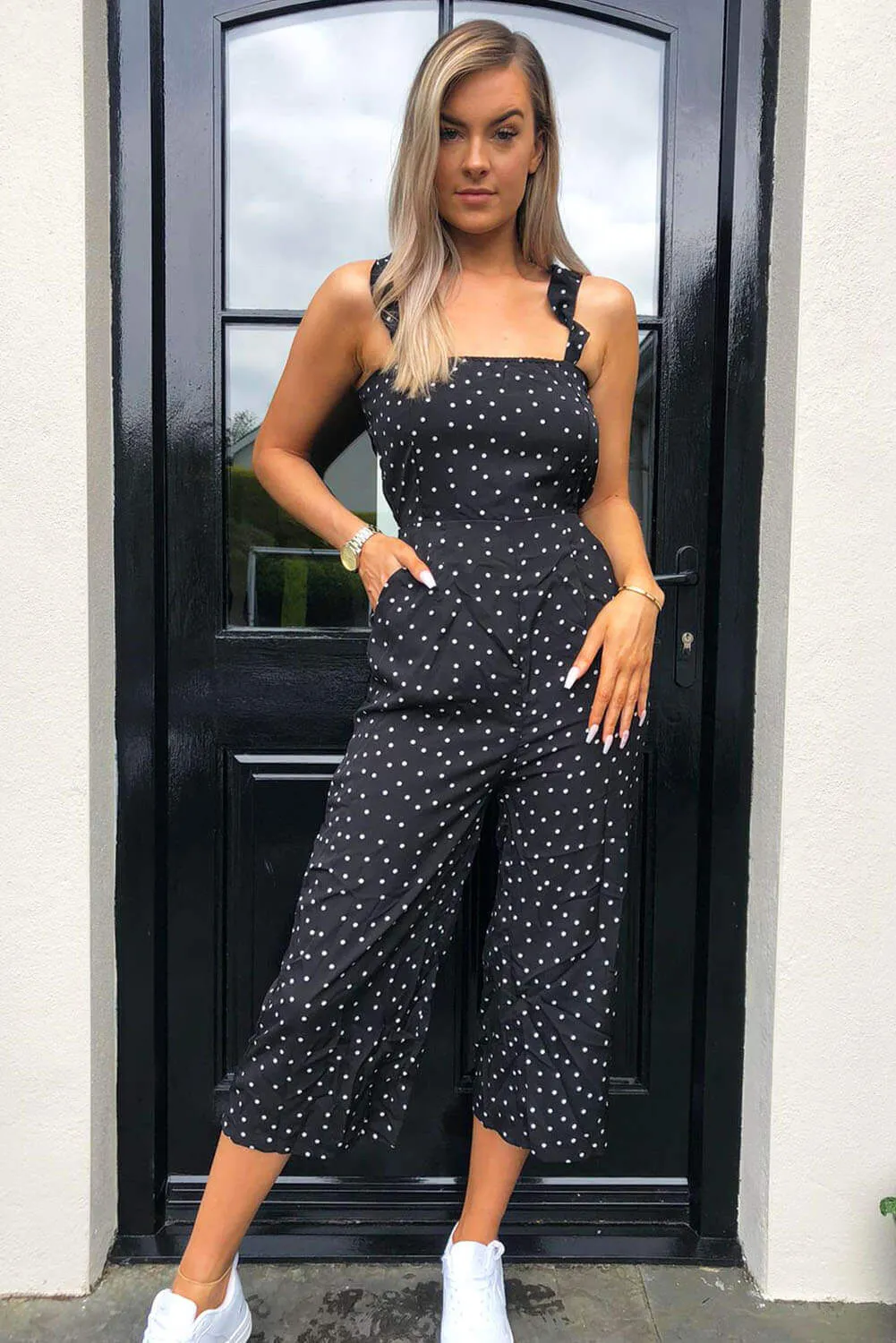 Black Polka Dot Frill Culotte Jumpsuit