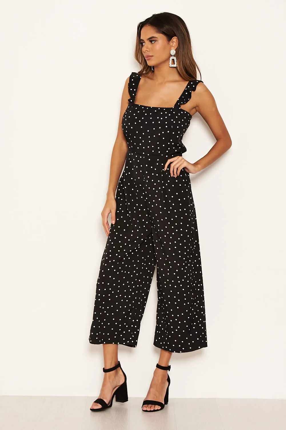 Black Polka Dot Frill Culotte Jumpsuit