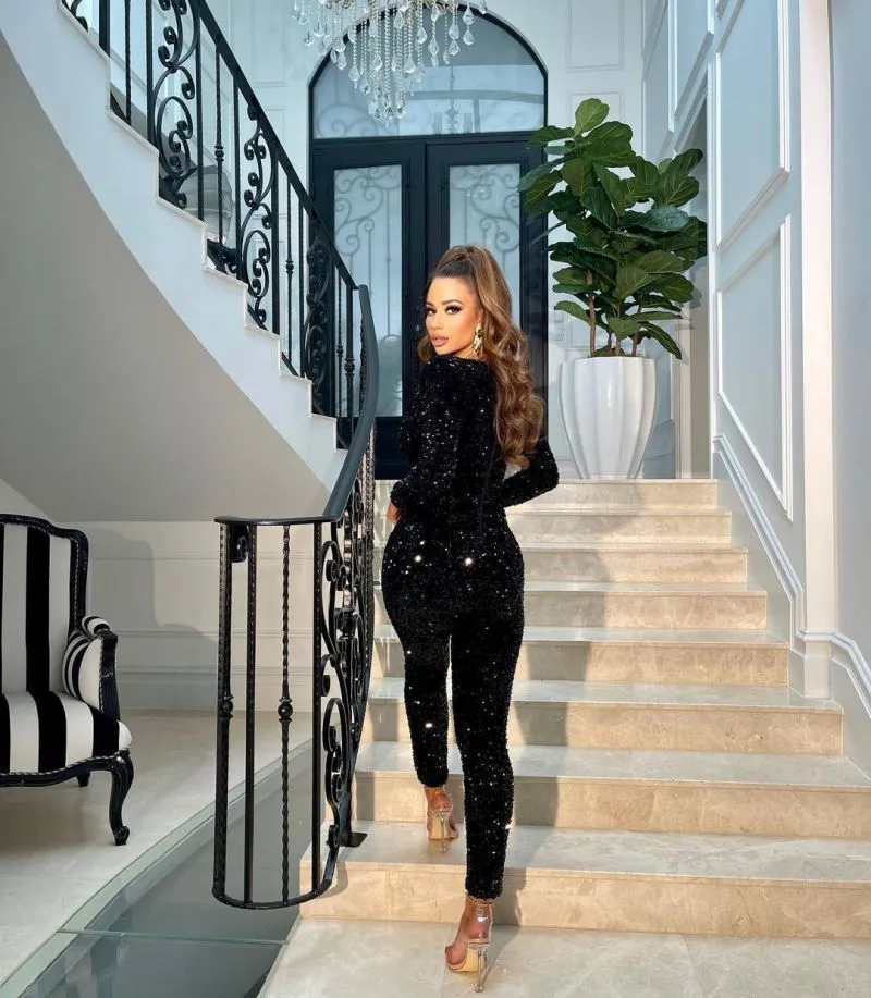 Black Sequin Long Sleeve V Cut Jumpsuit