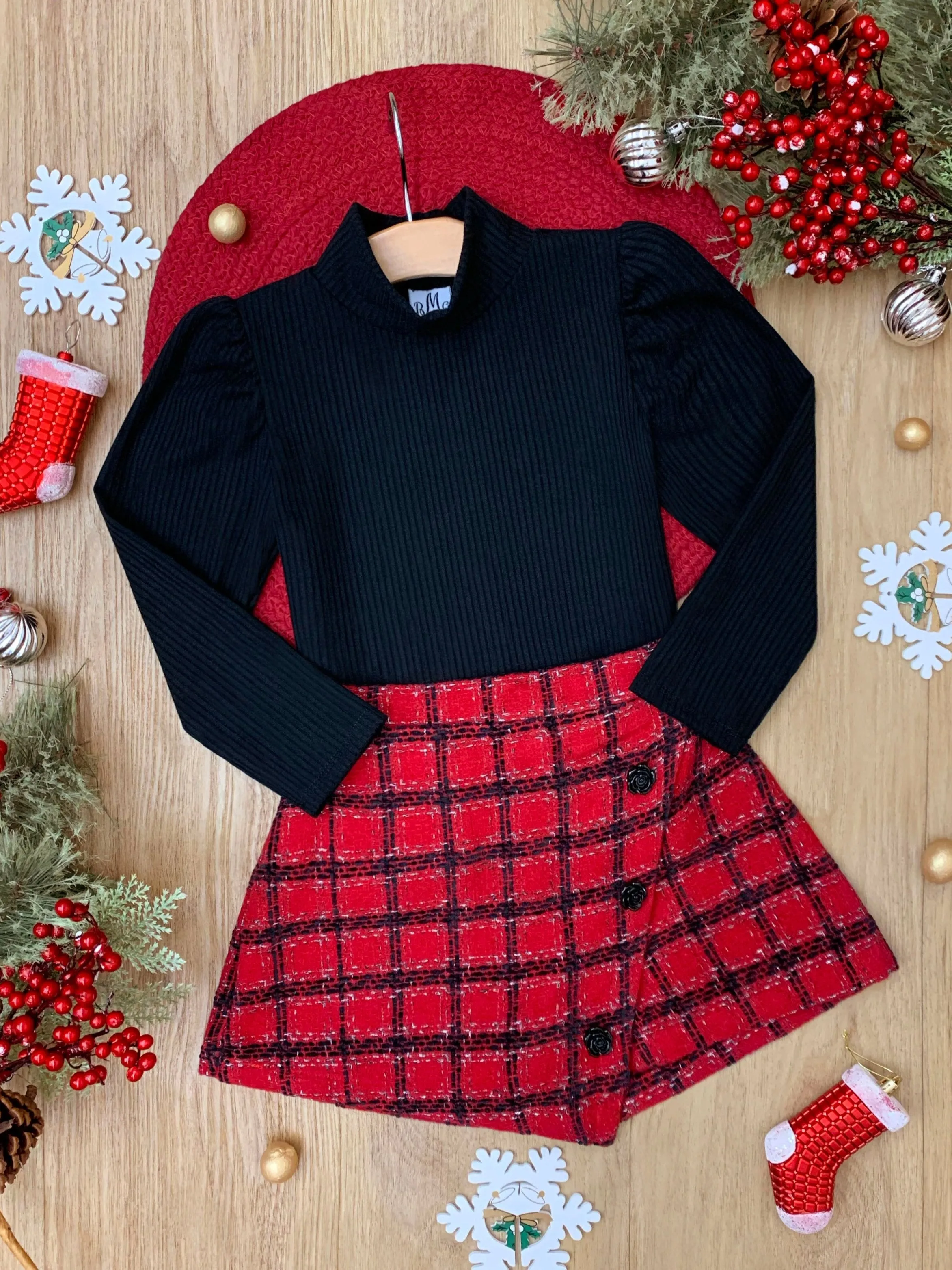 Black Turtleneck Top and Red Tweed Skort Set