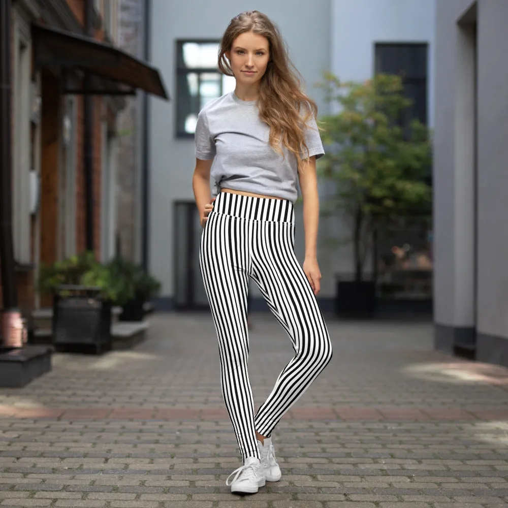 Black Vertical Stripes Women's Leggings, Long Yoga Workout Gym Pants- Made in USA/EU