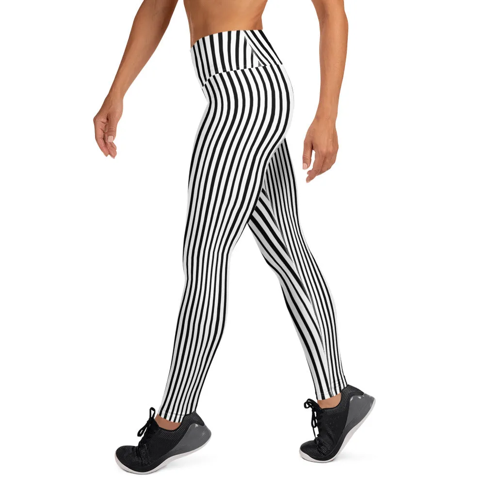 Black Vertical Stripes Women's Leggings, Long Yoga Workout Gym Pants- Made in USA/EU