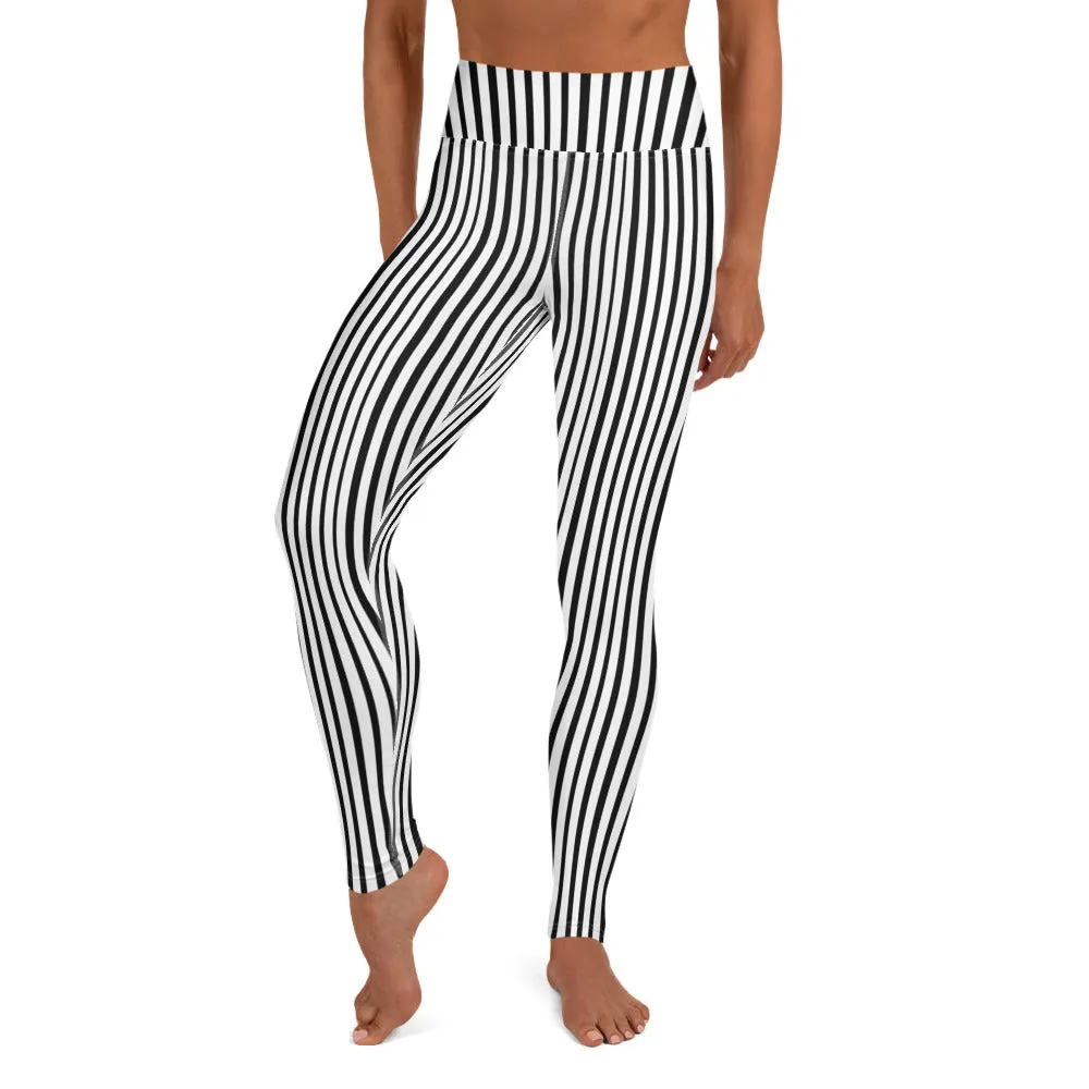 Black Vertical Stripes Women's Leggings, Long Yoga Workout Gym Pants- Made in USA/EU