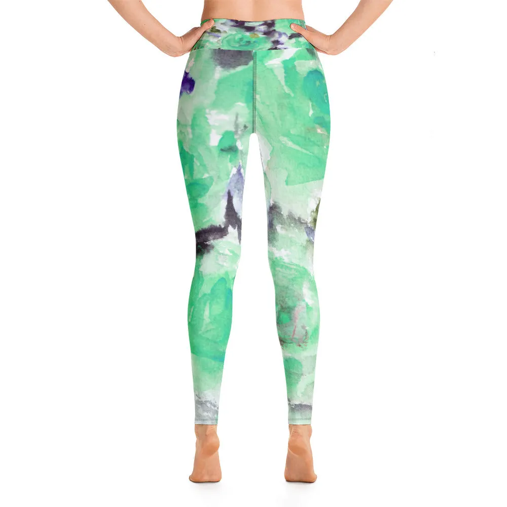 Blue Floral Women's Leggings, Abstract Rose Print Best Long Yoga Pants - Made in USA/EU