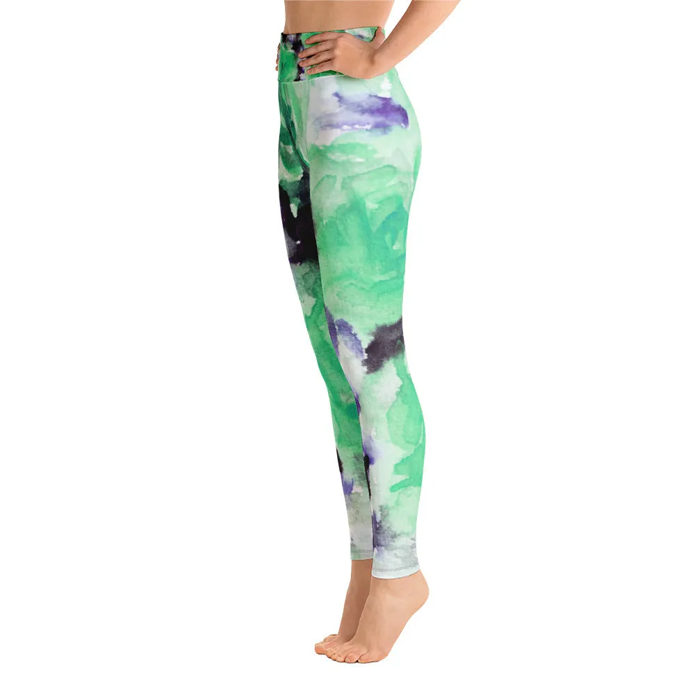 Blue Floral Women's Leggings, Abstract Rose Print Best Long Yoga Pants - Made in USA/EU