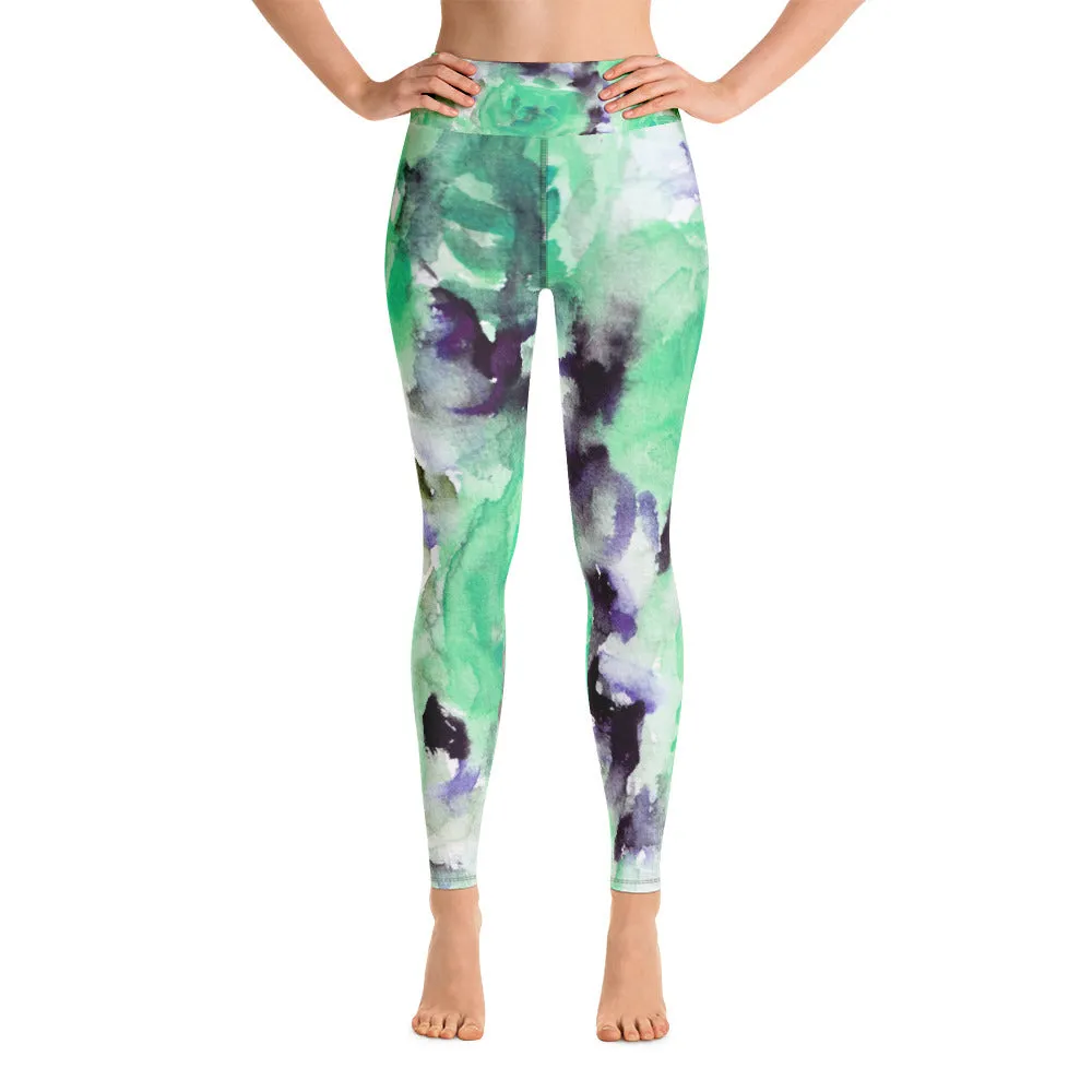 Blue Floral Women's Leggings, Abstract Rose Print Best Long Yoga Pants - Made in USA/EU