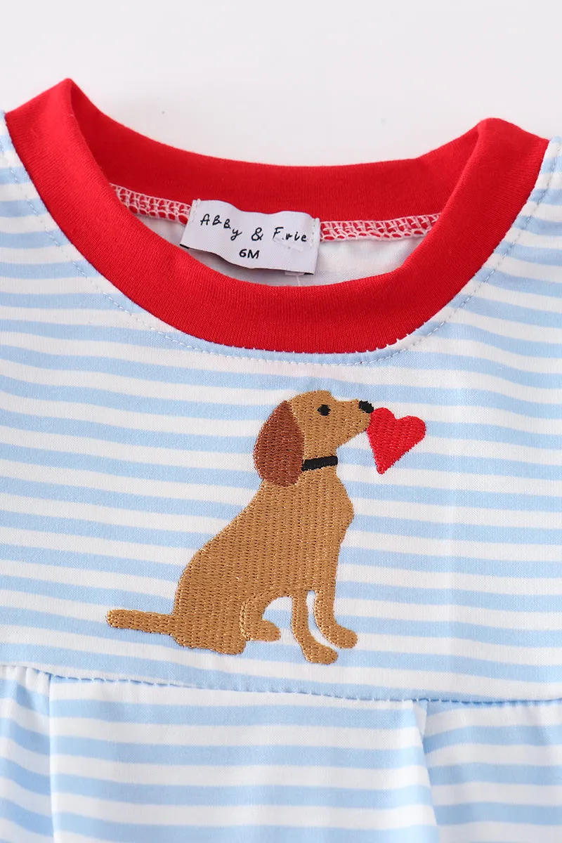 Blue stripe valentine puppy heart embroidery boy romper