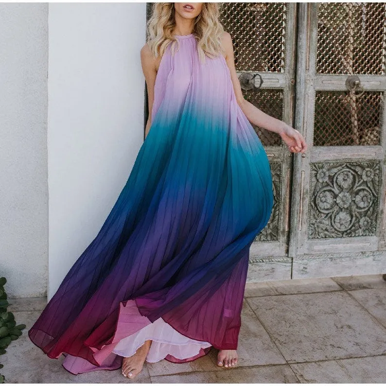 Boho Rainbow Summer Dress For Women, Bohemian Maxi Dress