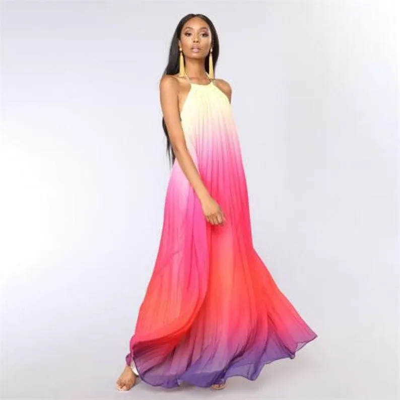 Boho Rainbow Summer Dress For Women, Bohemian Maxi Dress