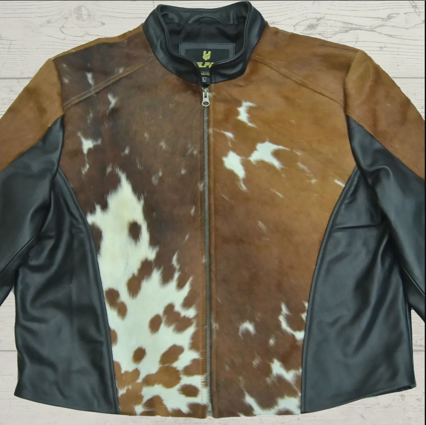 Brown White Men's Hair On Cowhide Fur Jacket