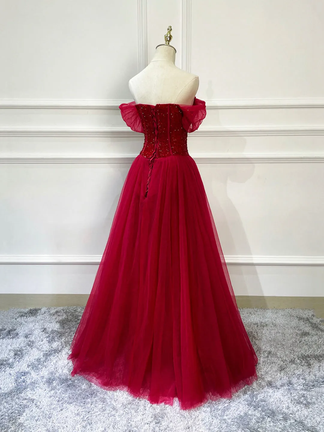 Burgundy Tulle Beaded Long Formal Dress, Off Shoulder Evening Party Dress