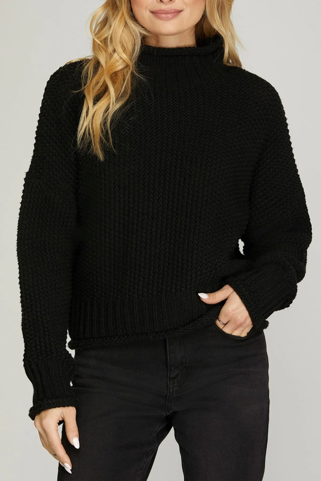 Cable Knit Turtleneck Sweater in Black